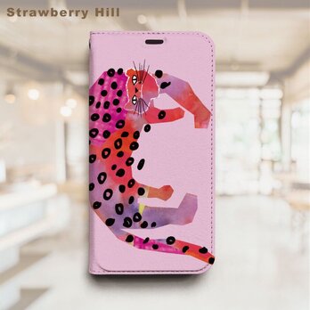 ピンク レオパード イラスト ベルトなし 帯なし ベルトレス 手帳型 iPhone スマホ ケース カバーの画像
