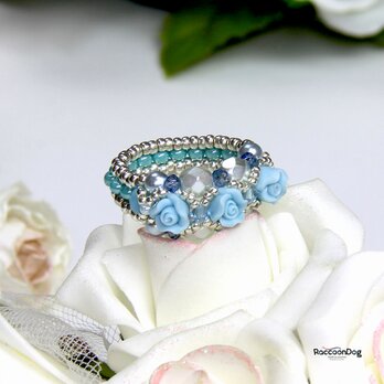 フィモ薔薇蕾の姫〔アクアマリン〕リング（フィモ薔薇/スワロ/ガラスパール ビーズリング）《ビーズアクセサリー》