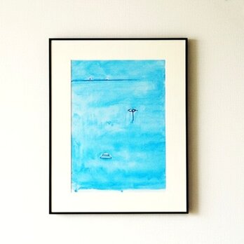 風景画｜原画「思い出の海」イラスト 水彩 絵画 夏 一点物　※大衣サイズ額縁入り