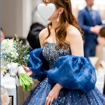 実例写真！パフスリーブ 取り外し袖 ネイビー ストレッチ 上質オーガンジー 可愛い 色直し 花嫁の画像
