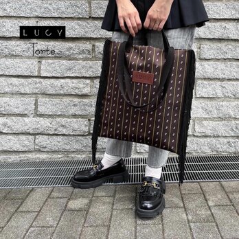 2way フリンジトートバッグ【BROWN ストライプ&バイク柄】の画像