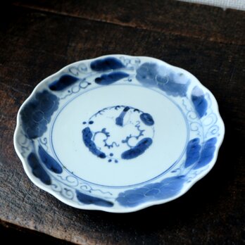 素朴で可愛い◇伊万里　花文染付七寸中皿　骨董/antiques 器　丁寧な暮らしに。江戸末期　の画像