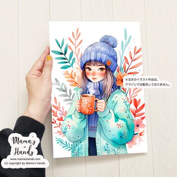 A4 ポスター  ホット コーヒーと女性 ボタニカル フラワー 水彩画 イラスト アートの画像