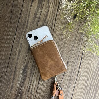牛革 ファスナーポーチ付きスマホケース 大容量・取り外し可 iPhoneの画像