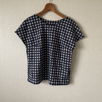 シンプルギンガムチェック布帛フレンチスリーブトップス紺×生成りＭ～Ｌ