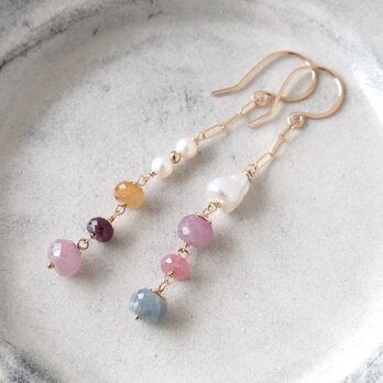 【★SALE】マルチカラーサファイアとパールのピアス・イヤリング変更可の画像