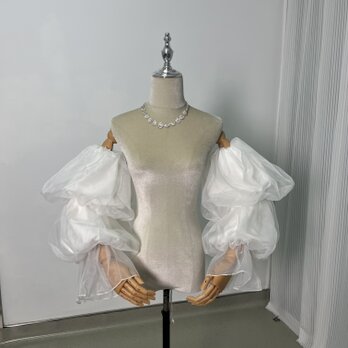 姫袖 オーガンジー クレープ生地 可愛い オフホワイト 色直し パフスリーブ 花嫁 ウェディングドレスの画像