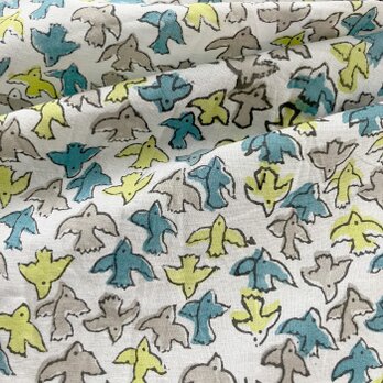 インド ブロックプリント生地 [50cm単位] バード グリーン系 IF0080 ファブリック 小鳥 とり