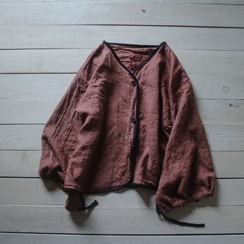 巾着袖 linen cardigan / 小豆色×留紺色 【樹】の画像