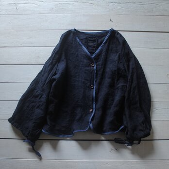 巾着袖 linen cardigan / 留紺色×群青色 【樹】の画像