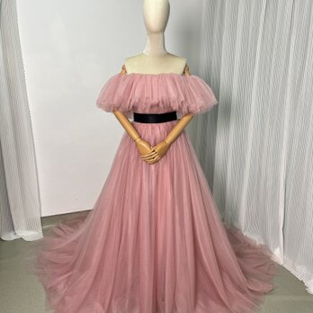 カラードレス ピンク オフショルダー サッシュベルト ソフトチュール Aライン 前撮り 花嫁の画像
