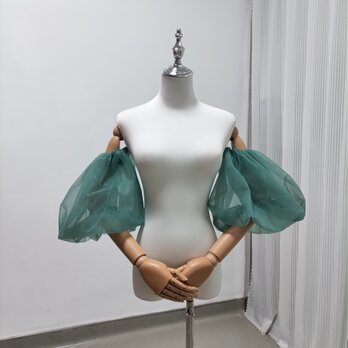 パフスリーブ 取り外し袖 グリーン ストレッチ 色直し ソフトチュール ウェディングドレス 可愛いの画像
