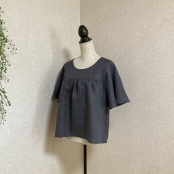 リネン100%ひらひら蝶々みたいなお袖のブラウス　ブルーグレーの画像