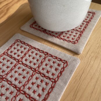 刺し子コースター2枚セット　ビスケット/ブラウン　こぎん刺し　布コースター　プレゼント　キッチン雑貨　北欧の画像