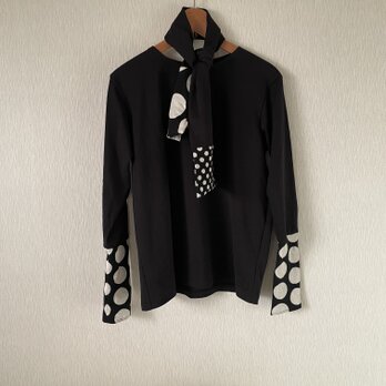 ストール付き手袋水玉長袖カットソー　黒×白Ｆの画像