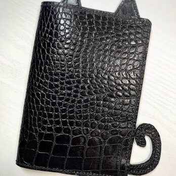 (受注作成)ブックカバー　猫　黒　クロコ型の画像