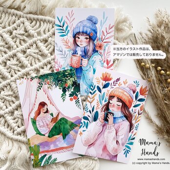 女の子 イラスト コーヒー 読書 秋 冬 セーター ボタニカル 水彩画 アート ３枚ハガキ ポストカード セットの画像