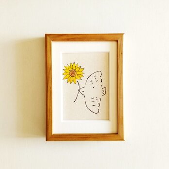 原画 イラスト「幸せを運ぶ（向日葵）」※木製額縁入り（2Lサイズ）インテリアアート 特集掲載作品
