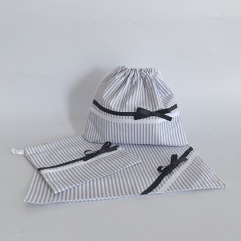 お弁当3点セット　水色ストライプ×紺リボンの画像
