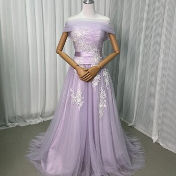 カラードレス オーキッド オフショルダー 繊細レース ソフトチュール 編み上げ 披露宴/結婚式 可愛いの画像