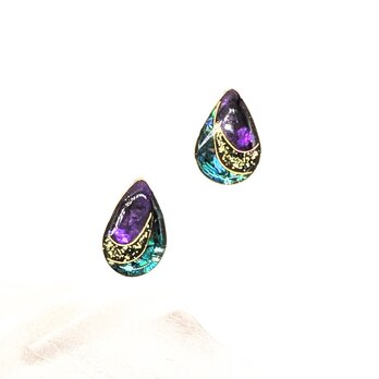 グリーンとパープル螺鈿とゴールドラメの雫ピアスイヤリング1975
