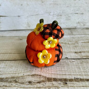 大人かわいいハロウィンかぼちゃタワー(オレンジ×チェック) 国産帆布　お花　飾り　ディスプレイ　インテリア　省スペースの画像