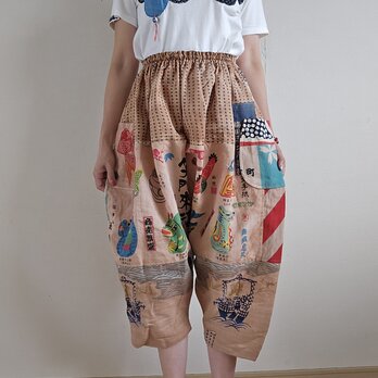 着物リメイク　手作り　柿渋染め　手ぬぐい　パッチ　パンツ　