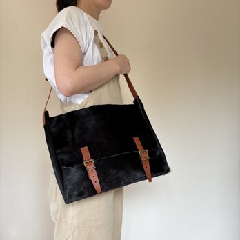 限定品 アンティーク メールバッグ ショルダーバッグ レザーバッグ ヘヤカーフ ブラックの画像