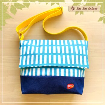 ＜Sサイズ＞Treillis(格子・トレイリー）スカイブルー×デニム　子供用ショルダーバッグ　通園通学にも　『送料無料』の画像