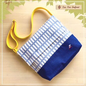 ＜Mサイズ＞Treillis(格子・トレイリー）くすみブルー×デニム　子供用ショルダーバッグ　通園通学にも　『送料無料』の画像
