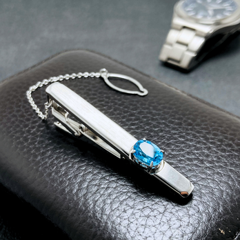 ラス1 8×6 紺碧 ブルートパーズ/青黄玉  シルバー 天然石ネクタイピン - simpleの画像