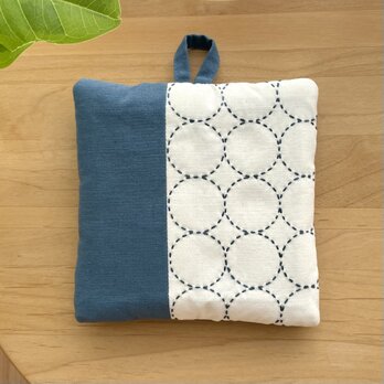 刺し子ポットマット　丸模様/ティールブルー　北欧　プレゼント　キッチン用品　カフェ