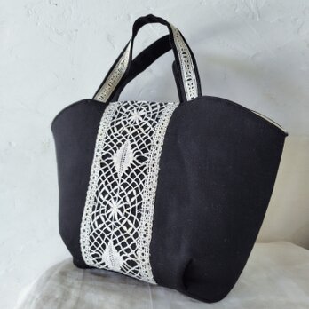 アンティークレース　タックトートバッグ　黒