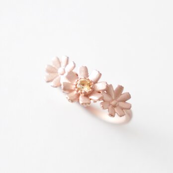 【秋の桜】シトリンとコスモスの花冠リング/ ピンクゴールド ホーニング加工の画像