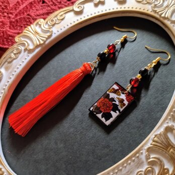 【和風】花札＆タッセルピアス（牡丹）（イヤリング）【卒業式】【成人式】【着物】【浴衣】【袴】【和ゴス】【和ロリ】のコピーの画像