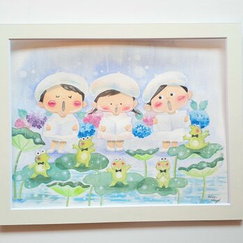 マット紙付き水彩原画『カエルの合唱』の画像