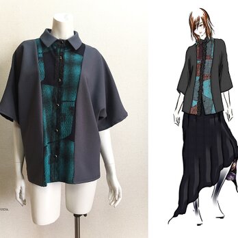 【1点もの・デザイン画付き】2種素材（尾州織り＆ちりめん）ゆったりブラウス（KOJI TOYODA）の画像