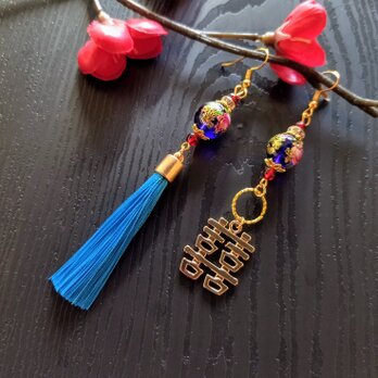 双喜紋とタッセルのピアス（イヤリング）（色オーダー可）【華ロリ】【チャイナ】【ダブルハピネス】のコピーの画像