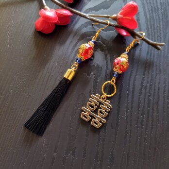 双喜紋とタッセルのピアス（イヤリング）（色オーダー可）【華ロリ】【チャイナ】【ダブルハピネス】のコピーのコピーの画像