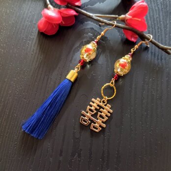双喜紋とタッセルのピアス（イヤリング）（色オーダー可）【華ロリ】【チャイナ】【ダブルハピネス】の画像