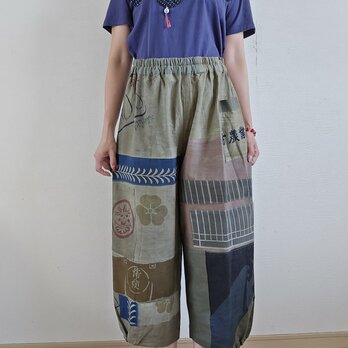 着物リメイク　手作り　手ぬぐい　柿渋、鉄媒染　パンツ