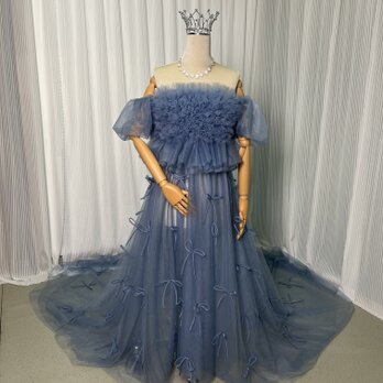人気上昇！カラードレス ブルーグレー リボン ファスナー もこもこドレス ソフトチュール 可愛い 披露宴/結婚式の画像