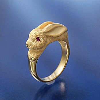 １８金製：天然ルビー入り・うさぎリング/*7月の誕生石　【あなたの誕生石もセット出来ます。】　日本製　K18　　　の画像