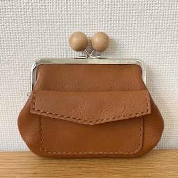 ぱかっと開くとお部屋が3つの親子がまぐち♪外ポッケが付いた木玉口金の四角い本革ミニ財布の画像