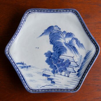 古伊万里 染付楼閣山水文 六角皿 明治時代の画像