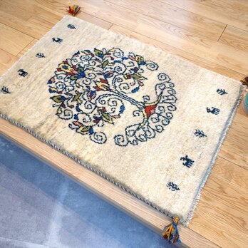 冬入荷】ペルシャ　ギャッベ 玄関　88×60㎝ ベージュ　ライトグレー　生命の木　RJ13733Gの画像