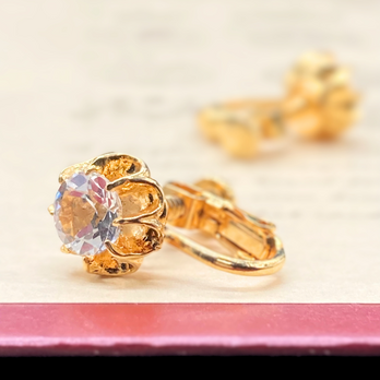 6mm レトロ クォーツ/白水晶  K18GP イヤリング - 菊爪Mの画像