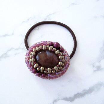 パープル&ブラウンのビーズ刺繍ヘアゴム（K1205)の画像