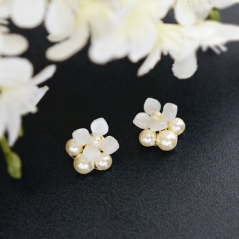 【ピアス】白い花とパールの蕾  (紫陽花)の画像