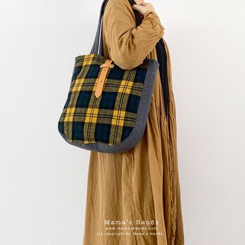 おしゃれな  軽い ウール チェック 黄色 ヌメ革 (中) 秋 冬 トートバックの画像